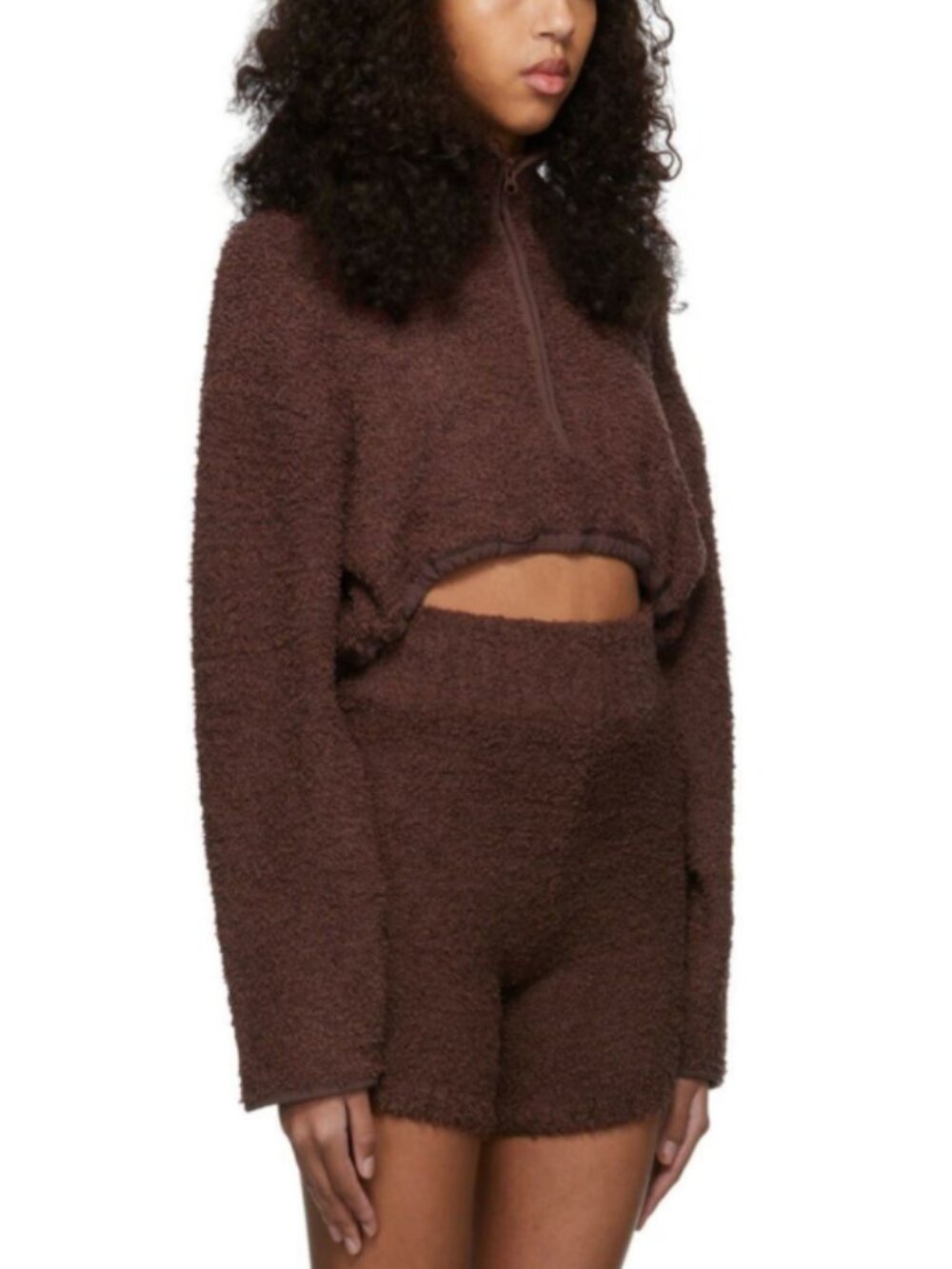SKIMS Cozy Knit Cropped Teddy 1/4 Zip Pullover Sweater - Large/XL in Brown